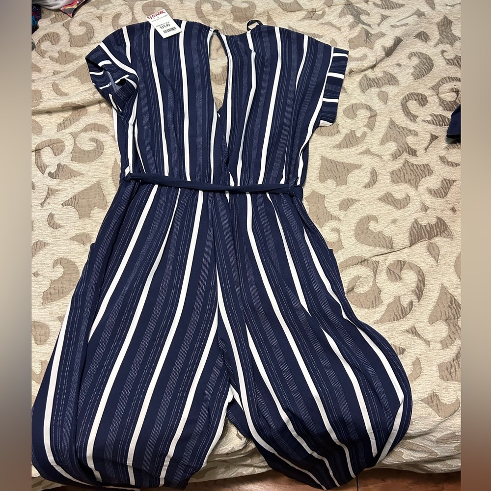 NWT Monteau LA one piece blue and white striped pants deep v back with belt/tie